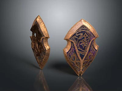 Ornate Bronze Shield With Intricate Carved Patterns And Gold Purple Accents 3d model