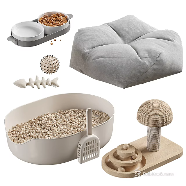 Practical Pet Supplies Set With Litter Box Bed Toys And Scratching Post 3d model