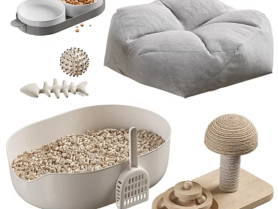 Practical Pet Supplies Set With Litter Box Bed Toys And Scratching Post 3d model