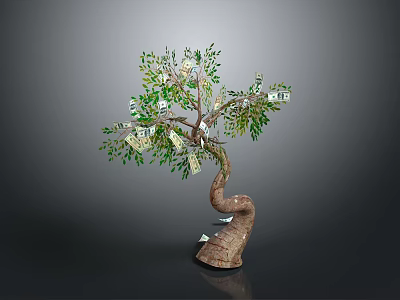 Creative Money Tree Sculpture With Green Leaves Money Bills And House Models 3d model