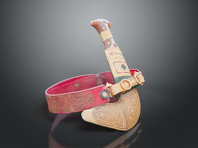 Traditional Decorative Dagger With Red Leather Sheath Carved Handle And Intricate Engravings 3d model