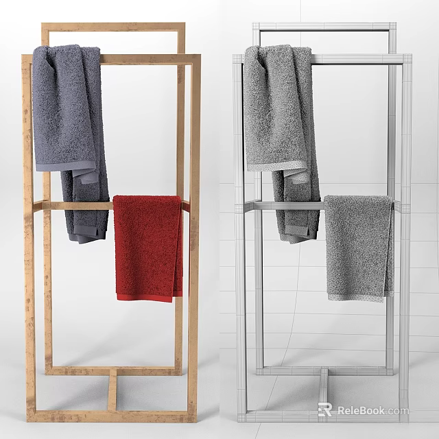 Wooden and Metal Towel Racks With Gray and Red Bath Towels for Daily Use 3d model 