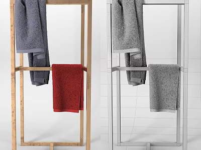 Wooden and Metal Towel Racks With Gray and Red Bath Towels for Daily Use 3d model