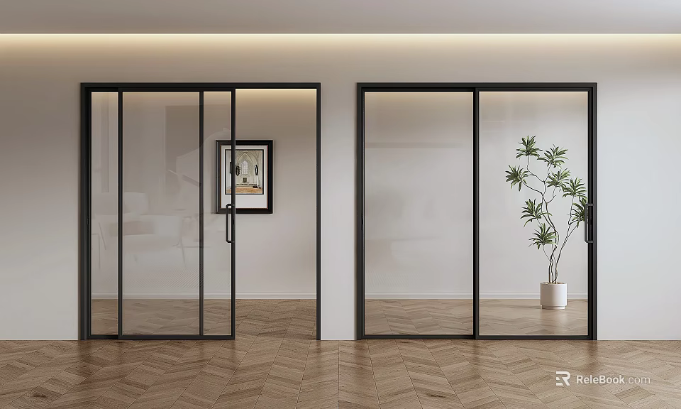Modern Interior Glass Sliding Doors with Black Frames Herringbone Floor Artwork and Green Plant 3d model 