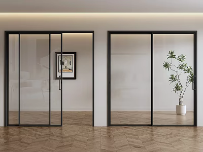 Modern Interior Glass Sliding Doors with Black Frames Herringbone Floor Artwork and Green Plant 3d model
