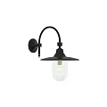 Industrial Black Metal Wall Sconce With Curved Arm Wide Brim Shade And Clear Glass Bulb