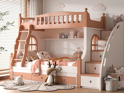 Cozy Kids Room Pink White Bunk Bed With Ladder Stairs Drawers Cloud Decor Stuffed Toys 3d model