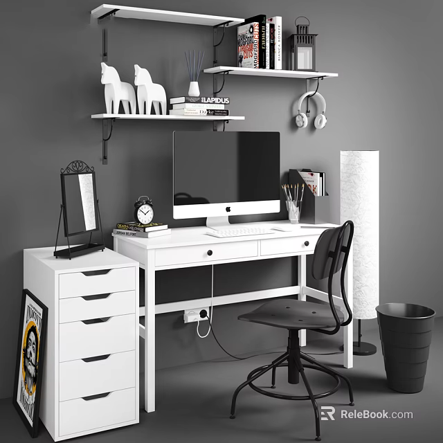 White Desk With Computer Monitor Alarm Clock Stationery Black Chair Wall Shelves And Horse Figurines 3d model 