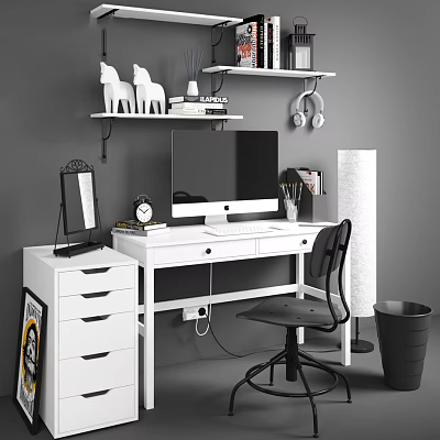 White Desk With Computer Monitor Alarm Clock Stationery Black Chair Wall Shelves And Horse Figurines 3d model