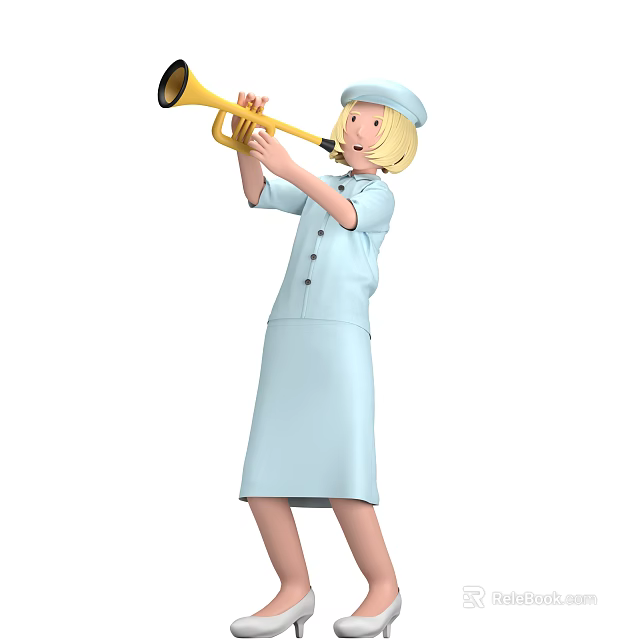 Woman Playing Trumpet In Light Blue Uniform Dress With Hat And Blonde Hair 3d model 