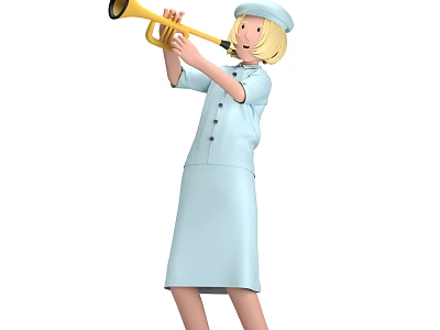 Woman Playing Trumpet In Light Blue Uniform Dress With Hat And Blonde Hair 3d model