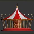 Children Playing On Colorful Carousel With Red And White Striped Top And Golden Decorations