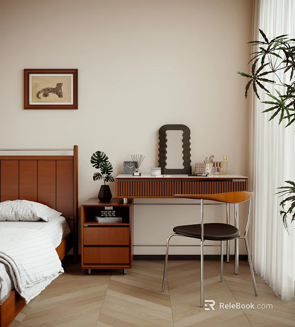 Wooden Dressing Table In Bedroom Interior With Chair Mirror Green Plant And Painting 3d model 
