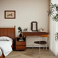 Wooden Dressing Table In Bedroom Interior With Chair Mirror Green Plant And Painting