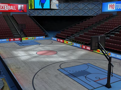 Spacious Basketball Gymnasium Interior With Court Red Seats Scoreboard And Advertising Boards 3d model