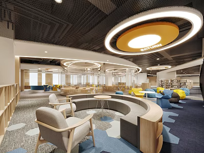 Book Art Modern Library Design Featuring Circular Pendant Lights Curved Seating Geometric Carpets And Wooden Shelves 3d model