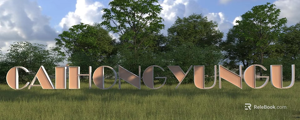 Outdoor Metal Letter Landscape Sculpture With Green Grassland Trees And Blue Sky With Clouds 3d model 