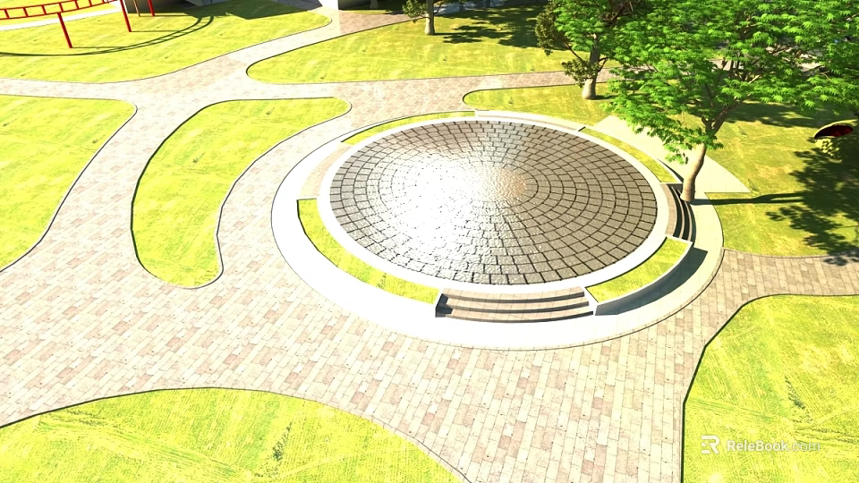 Outdoor Park Circular Plaza With Brick Paving Grass Areas Trees And Steps 3d model 