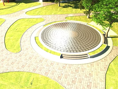 Outdoor Park Circular Plaza With Brick Paving Grass Areas Trees And Steps 3d model