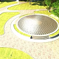 Outdoor Park Circular Plaza With Brick Paving Grass Areas Trees And Steps