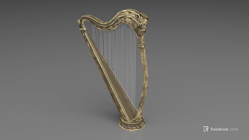 Elegant Golden Carved Harp With Classical Design And Fine Strings Musical Instrument 3d model 