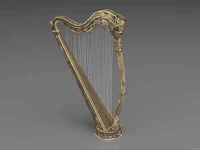 Elegant Golden Carved Harp With Classical Design And Fine Strings Musical Instrument 3d model