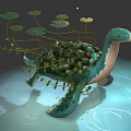 Artistic Teal Turtle Sculpture With Green Decorative Balls Lily Pads And Water Plants
