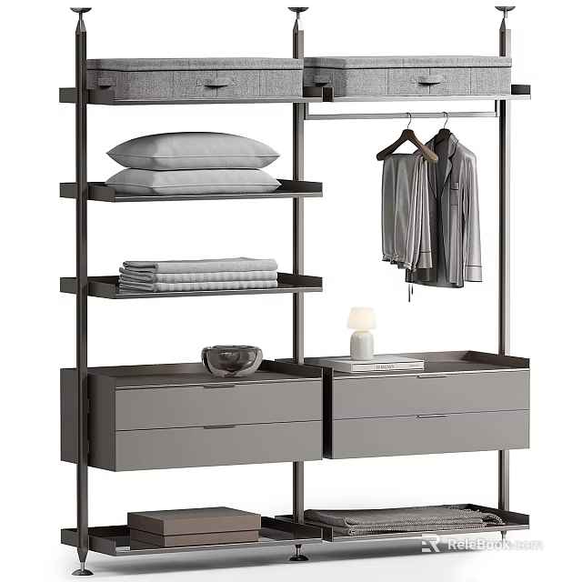 Modern Minimalist Wardrobe With Hanging Rod Shelves Drawers Folded Linens Pillow And Candle 3d model 