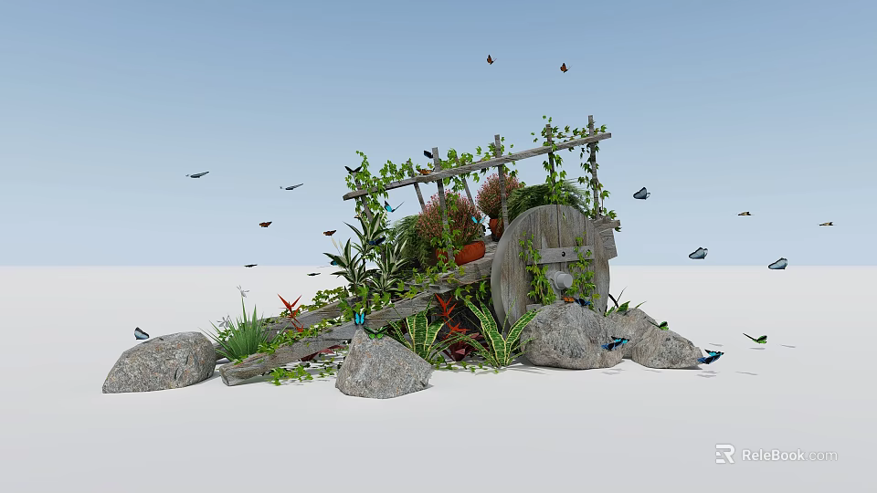 Charming Garden Decorative Piece with Wooden Wheel Green Plants Vines Stones Butterflies and Birds 3d model 