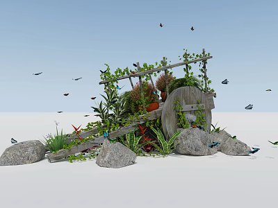 Charming Garden Decorative Piece with Wooden Wheel Green Plants Vines Stones Butterflies and Birds 3d model