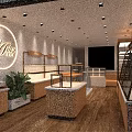 Bright Modern Dessert Shop Interior With Glass Display Cases Wooden Counters And Green Plants