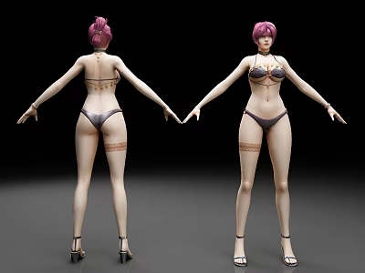 Woman With Pink Hair In Bikini Showing Tattoos And High Heels Front Back Views 3d model