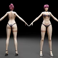 Woman With Pink Hair In Bikini Showing Tattoos And High Heels Front Back Views