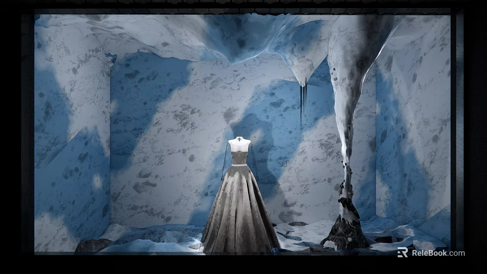 Window Display with Ice Cave Themed Background and Mannequin in Elegant Long Dress 3d model 
