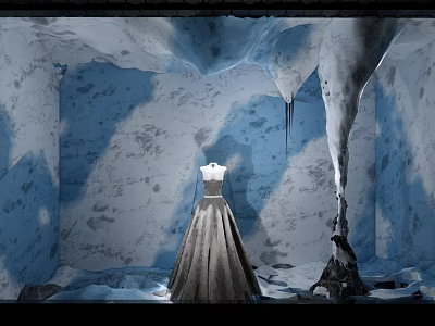 Window Display with Ice Cave Themed Background and Mannequin in Elegant Long Dress 3d model