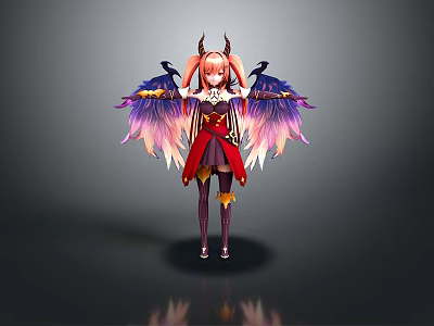 Anime Fantasy Character With Pink Twin Ponytails Horns Colorful Gradient Wings And Red White Outfit 3d model