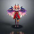 Anime Fantasy Character With Pink Twin Ponytails Horns Colorful Gradient Wings And Red White Outfit