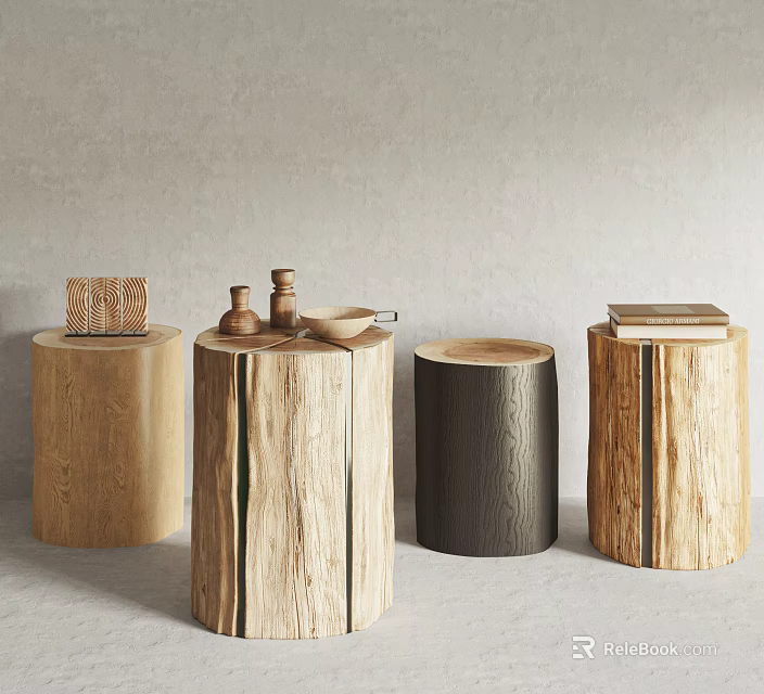 Natural Wooden Tree Stump Stools With Decorative Items And Various Designs 3d model
