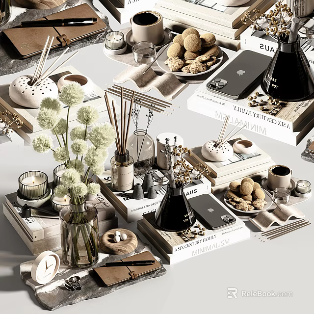 Stylish Decorative Ornament Set With Aromatic Diffusers White Flowers Candles And Books 3d model 