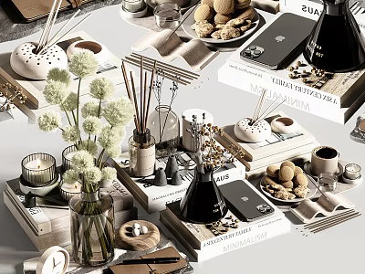 Stylish Decorative Ornament Set With Aromatic Diffusers White Flowers Candles And Books 3d model