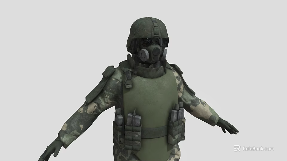 Military Protective Character in Camouflage Uniform With Helmet Gas Mask and Green Body Armor 3d model 