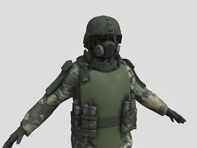 Military Protective Character in Camouflage Uniform With Helmet Gas Mask and Green Body Armor 3d model