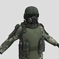 Military Protective Character in Camouflage Uniform With Helmet Gas Mask and Green Body Armor