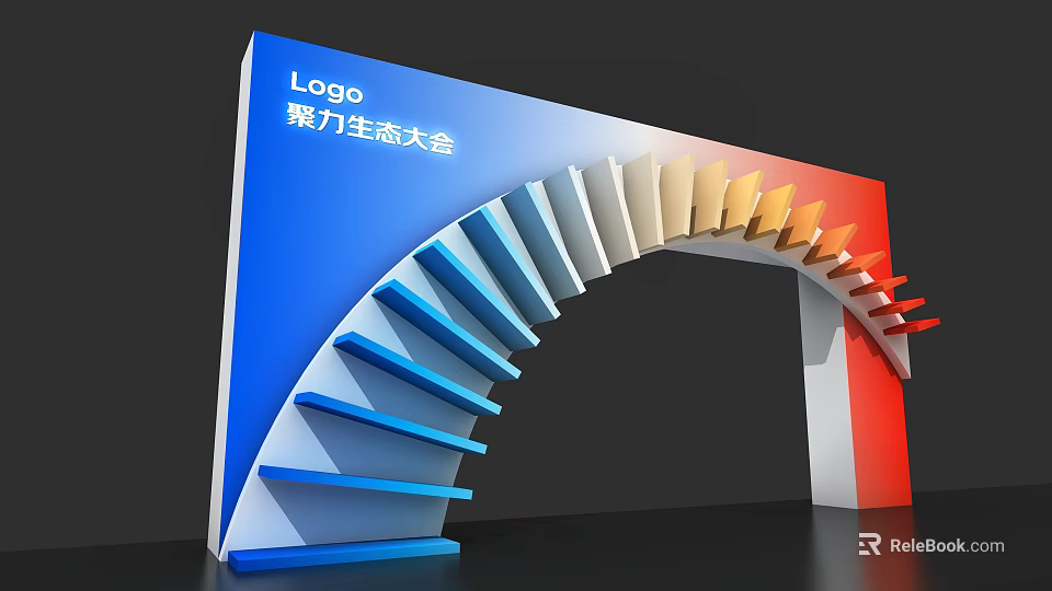 Commercial Equipment Exhibition Entrance With Conference Logo Blue White Red Yellow And Curved Multi layered Design 3d model 