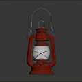 Vintage Red Kerosene Lamp With Metal Frame And Glass Shade On Dark Background