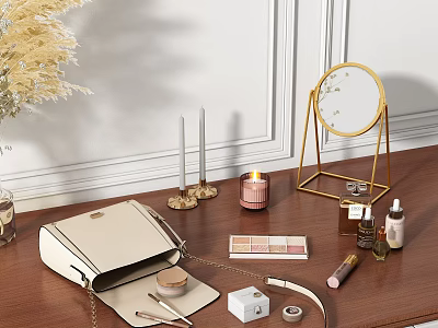 Elegant Perfume And Cosmetics On Wooden Table With Golden Mirror Beige Bag Candle And Palette 3d model