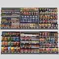 Multi Layered Retail Display Shelves With Various Packaged Snacks Drinks And Grocery Products