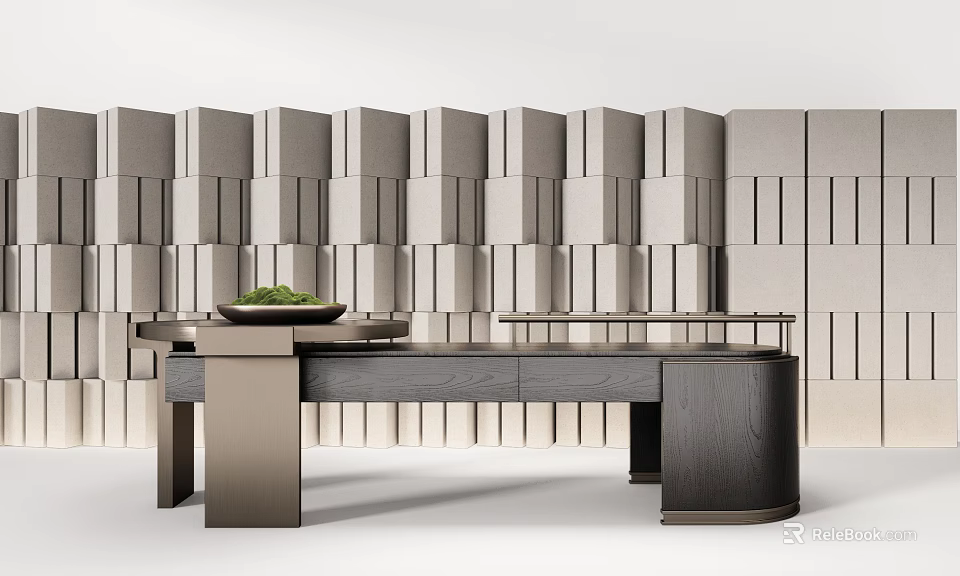 Modern Reception Desk With Geometric Texture Background Wall And Green Plant On Countertop 3d model 
