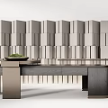 Modern Reception Desk With Geometric Texture Background Wall And Green Plant On Countertop