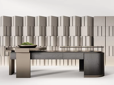 Modern Reception Desk With Geometric Texture Background Wall And Green Plant On Countertop 3d model